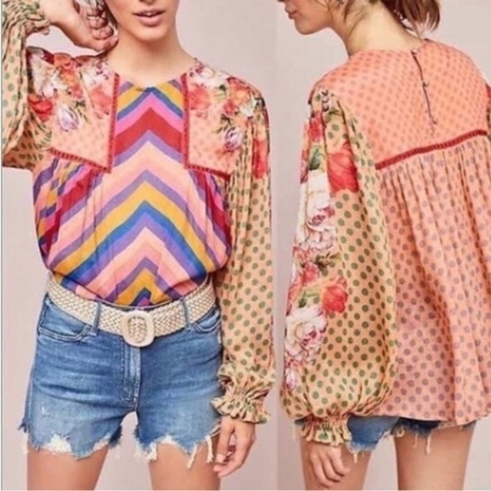 Bl-nk Miranda Mixed Print Roses Polka Dots Peasant Blouse XS